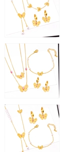 Detail view of butterfly jewelry set with pink stones and pearls in gold finish