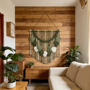 Detail of green and beige macrame wall hanging with woven feathers and wood beads