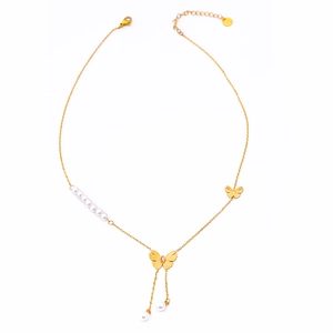 Elegant gold butterfly necklace with white pearls and a stylish Y-shaped tassel pendant