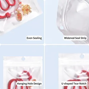 Translucent packaging bag for jewelry showing zip seal and hanging hole details