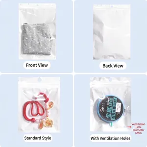 Translucent resealable plastic packaging bags showing front and back view with air holes