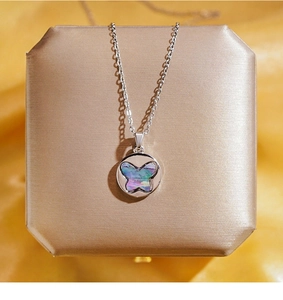 Détail du collier en acier titane argenté avec incrustation papillon sur pendentif rond