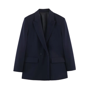 Detailed view of dark double-breasted blazer with classic lapels and flap pockets