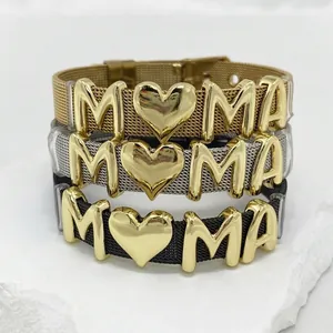 Three-piece metal mesh bracelet set with golden MAMA letters and heart on stone base