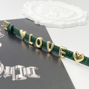 Retro dark green leather strap bracelet with gold LOVE letters and heart charms