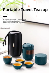 Portable dark matte ceramic tea set with pot, cups and travel case in serene setting