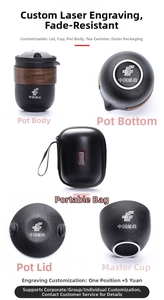 Detail of portable black ceramic tea set with wooden grip and hard shell carrying case
