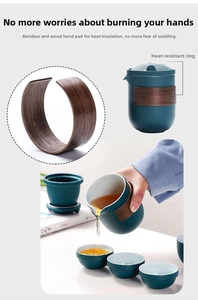 Detail of ceramic teapot with wooden heat-resistant ring for safe brewing and handling