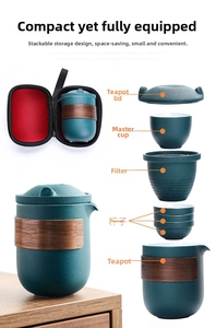 Portable dark green ceramic travel tea set with a protective red lined zipper case