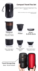 Detailed dimensions of black ceramic travel tea set with pot, cups and storage case