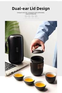 Detail of portable ceramic travel tea set with heat-resistant wooden handle and storage bag