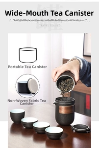 Detail of portable black ceramic tea set with tea canister, pot and four matching cups