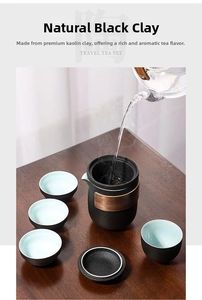 Action shot of tea pouring into a black ceramic portable teapot with a wooden heat guard