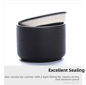Matte black ceramic tea canister with white non-woven seal for travel tea set storage