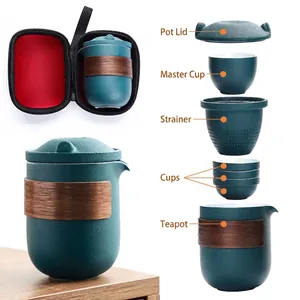 Portable matte ceramic tea set with wooden anti-scald ring and black storage case
