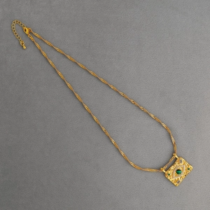 Retro Evil Eye Pendant Necklace Brass 18K Gold Plated Malachite Cubic Zirconia Rectangle Relief Jewelry For Women