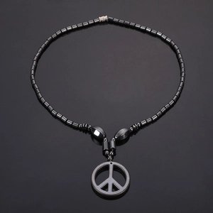 Peace Zeichen Anhänger Halskette Magnetit Hämatit Perlen Schwarzer Stein Zylinder Perlen Retro Punk Schmuck Für Damen Herren
