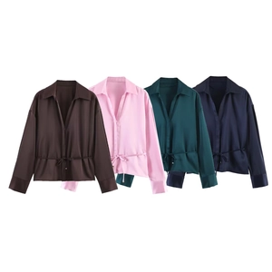 Women Long Sleeve Satin Blouse V Neck Lapel Waist Tie Solid Color Elegant Glossy Office Streetwear Shirt Top