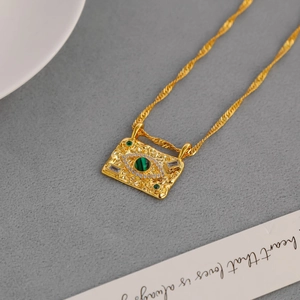 Vintage gold evil eye square pendant necklace with green malachite and zircon stones