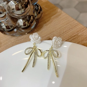 French vintage long tassel earrings with white camellia flowers and rhinestone bows