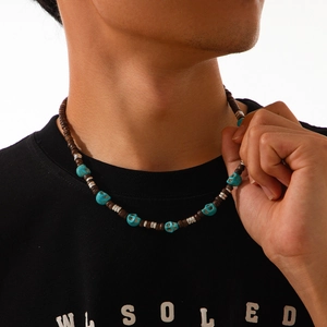 Skull Beaded Necklace With Wood Beads And Alloy Spacers Punk Gothic Hip Hop Jewelry For Men