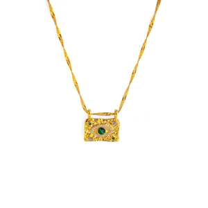 Vintage gold Evil Eye necklace with rectangular malachite pendant and zircon accents