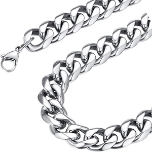 Close-up of polished silver steel cuban link chain showing lobster clasp and flat links