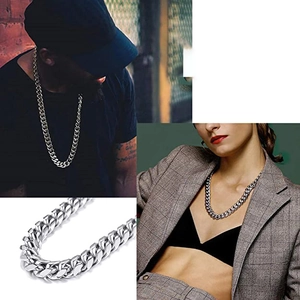 Polished silver cuban link chain for men and women shown on models and in close-up