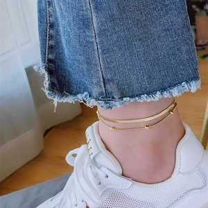 Minimalist double-layer gold anklet with flat snake chain and small beads for women