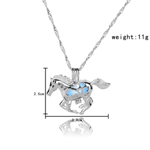 Detailed view of hollow horse pendant with glowing blue core and size dimensions