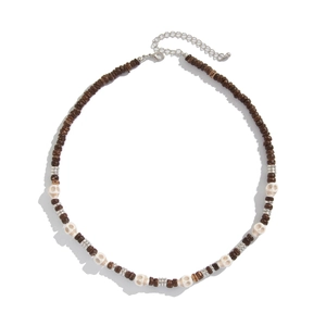 Men's hip hop beaded necklace with white skull charms and brown coconut beads