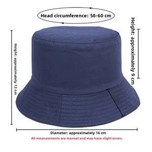 Detailed size chart of the navy blue polyester bucket hat with specific dimensions