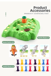 Détails du jeu de course de lapins comprenant plateau, 24 cartes et 16 pions colorés