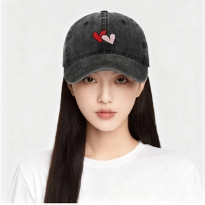 Vintage washed black denim baseball cap with heart embroidery for women and men