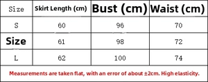 Detailed size chart for solid color tie-waist fashion dress including S, M, and L dimensions
