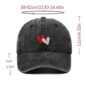 Unisex washed dark grey baseball cap with heart embroidery and size dimensions