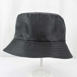 Detail view of the black polyester bucket hat featuring reinforced stitching on the brim