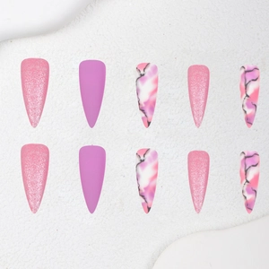Long purple almond press-on nails set with glitter, matte finish and marble patterns