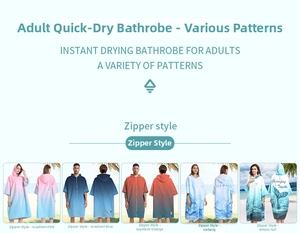 Detail of quick-dry hooded beach robes with zipper showing five colorful gradient patterns