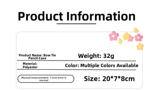 Detailed size and material specification chart for the polyester bow cosmetic bag