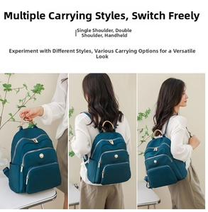 Zaino in nylon verde petrolio mostrato in tre modalità: a mano, a spalla e zaino