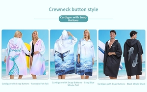 Detail of hooded surf poncho with snap buttons and marine life prints on the back