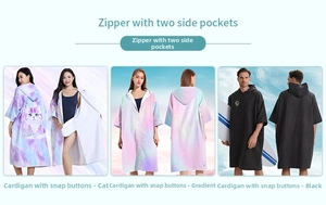 Detail view of hooded quick-dry beach robes with zipper and side pockets for surfing