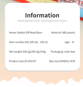 Spécifications du matériau ABS et dimensions détaillées pour le jouet Rabbit Off Road Race