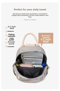 Detail view of large capacity grey oxford backpack showing interior storage for 9.7-inch iPad