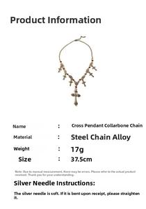 Detail of gothic cross pendant necklace with red beads and steel chain specifications