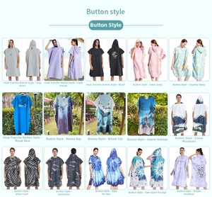 Detail view of quick-dry beach ponchos with various patterns and snap button closure