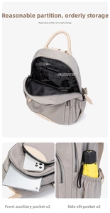 Detailed interior view of a gray Oxford backpack showing multiple storage compartments
