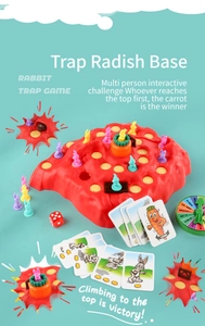 Vue détaillée du jeu de société piège à lapins avec pions colorés et cartes de jeu