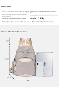 Detailed view of grey oxford backpack dimensions 26x13.5x28cm with 9.7 inch iPad scale